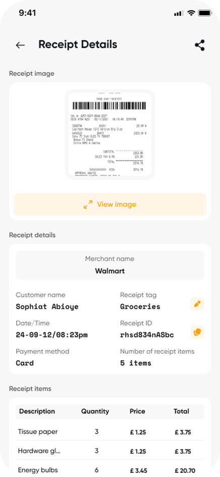 QueueReceipts app showing an itemised receipt with totals and VAT